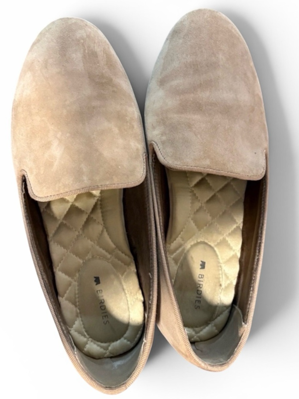 Birdies Taupe Suede Quilted Insole Slip-On Loafers